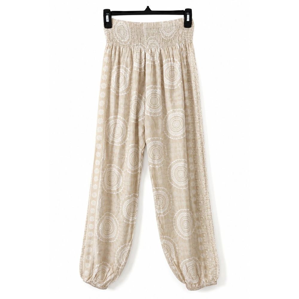 Lotus and Luna Harem Pants OSFM Beige White Mandala Boho Rayon Smocked Jogger